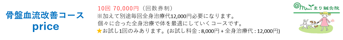 骨盤血流改善コース金額10回 70,000円（回数券制） ※加えて別途毎回全身治療代12,000円必要になります。個々に合った全身治療で体を最適にしていくコースです。★お試し1回のみあります。(お試し料金 : 8,000円 + 全身治療代 : 12,000円)