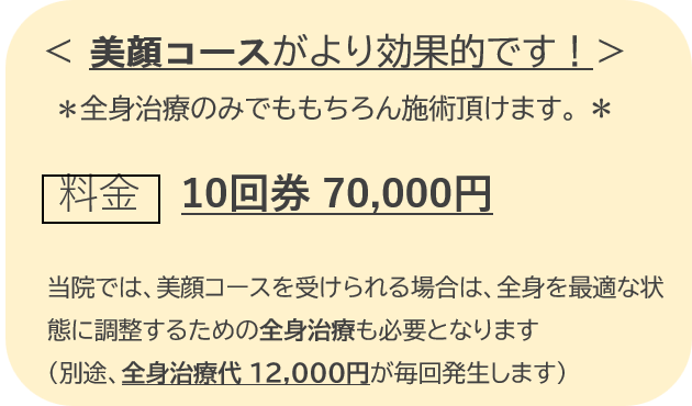 ＜ 美顔コースがより効果的です！＞　 ＊全身治療のみでももちろん施術頂けます。 ＊ 当院では、美顔コースを受けられる場合は、全身を最適な状態に調整するための全身治療も必要となります　