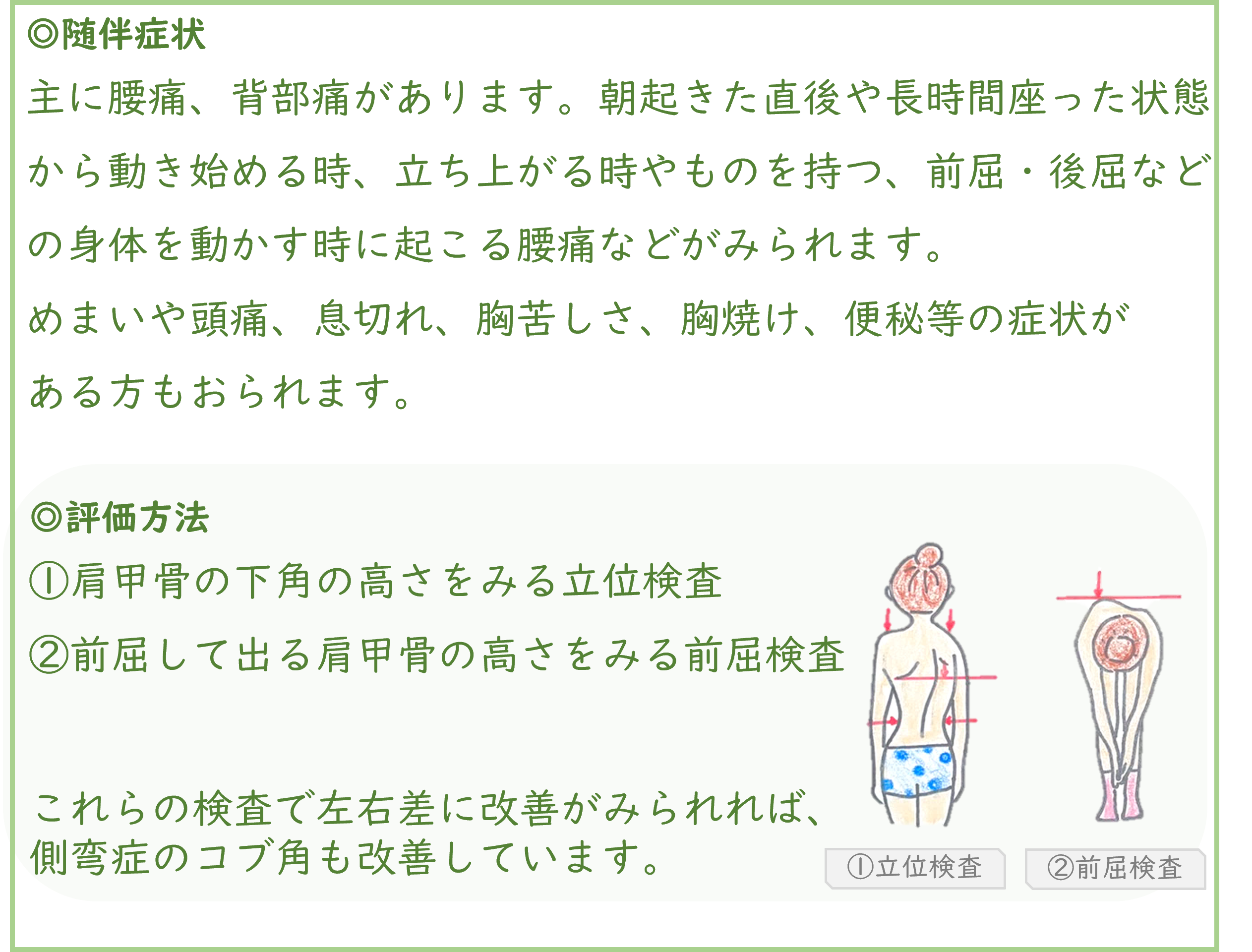 ◎随伴症状 主に腰痛、背部痛があります。朝起きた直後や長時間座った状態 から動き始める時、立ち上がる時やものを持つ、前屈・後屈など の身体を動かす時に起こる腰痛などがみられます。 めまいや頭痛、息切れ、胸苦しさ、胸焼け、便秘等の症状が ある方もおられます。 評価方法 　①肩甲骨の下角の高さをみる立位検査 　②前屈して出る肩甲骨の 　　　高さをみる前屈検査 　 これらの検査で左右差に改善がみられれば、 側弯症のコブ角も改善しています。