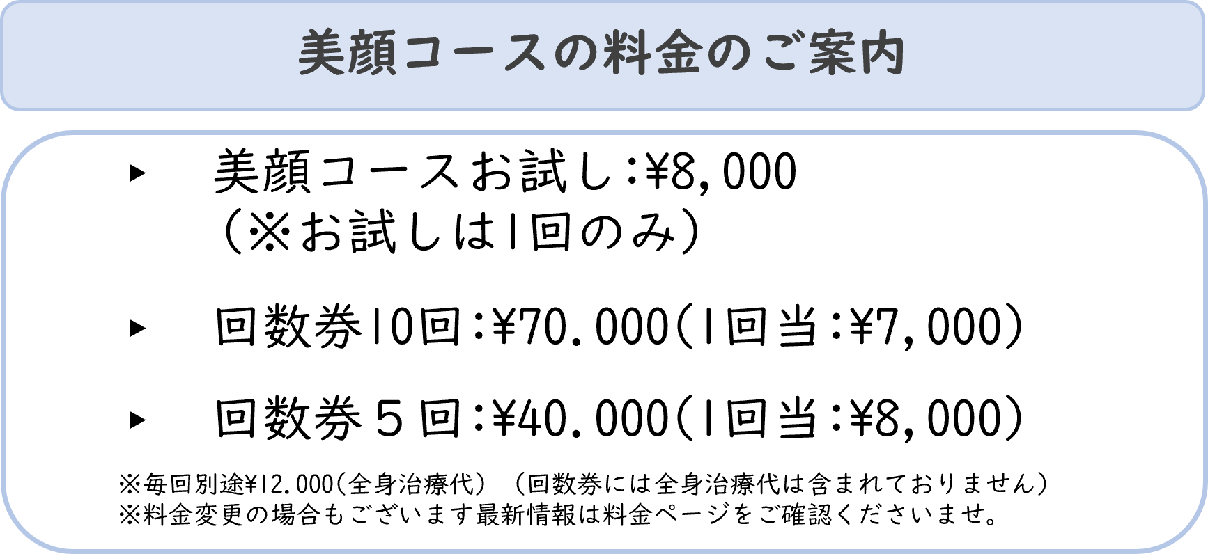 美顔コースの料金のご案内 