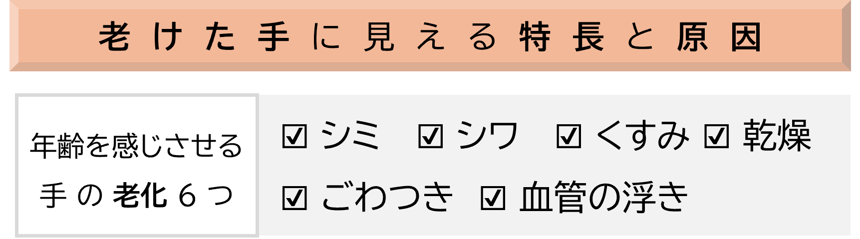 老  け  た  手  に  見  え  る  特  長  と  原  因
年齢
年齢を感じさせる
手 の 老化 6 つ
☑ シミ ☑ シワ ☑ くすみ ☑ ごわつき　☑ 乾燥 ☑ 血管の浮き
