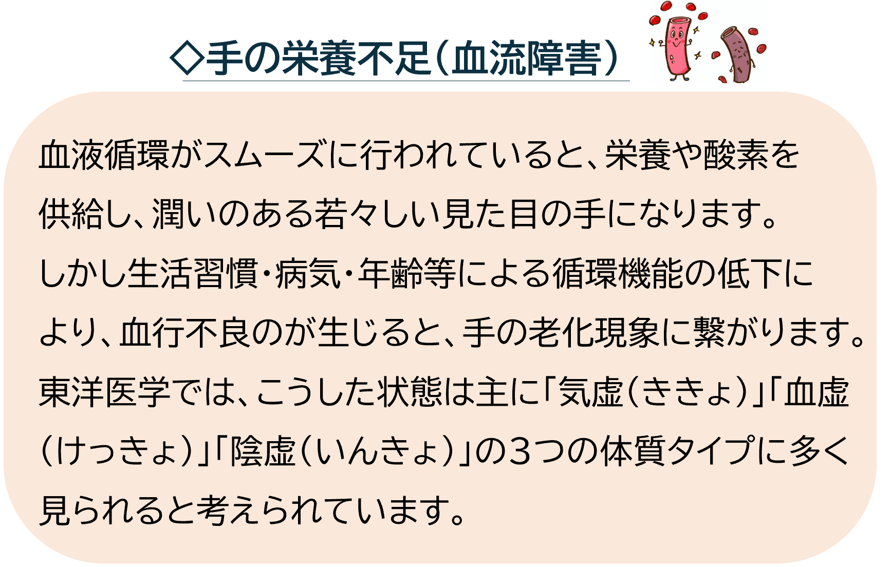 ◇手の栄養不足(血流障害)
血液
血液循環がスムーズに行われていると、栄養や酸素を供給し、潤いのある若々しい見た目の手になります。しかし生活習慣・病気・年齢等による循環機能の低下により、血行不良のが生じると、手の老化現象に繋がります。
東洋医学では、こうした状態は主に「気虚（ききょ）」「血虚（けっきょ）」「陰虚（いんきょ）」の3つの体質タイプに多く見られると考えられています。